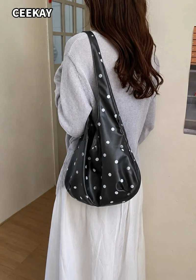 Shoulder Bags CEEKAY Lightweight Woven Faux Leather Hobo Bag Black Polka Dot Slouchy Shoulder Purse with No Hardware Design for Casual Daily X261016