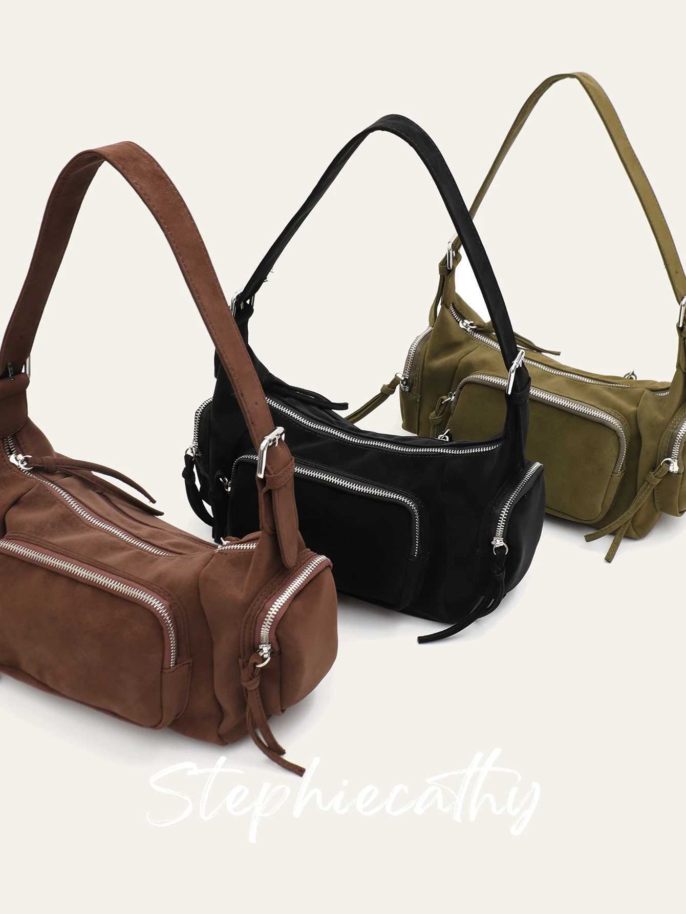 Totes Women Shoulder Bag Faux Suede Matte Fabric Multi Pockets Cross body Handbag Retro Cool Preppy Purse Casual Daily College Travel X261016