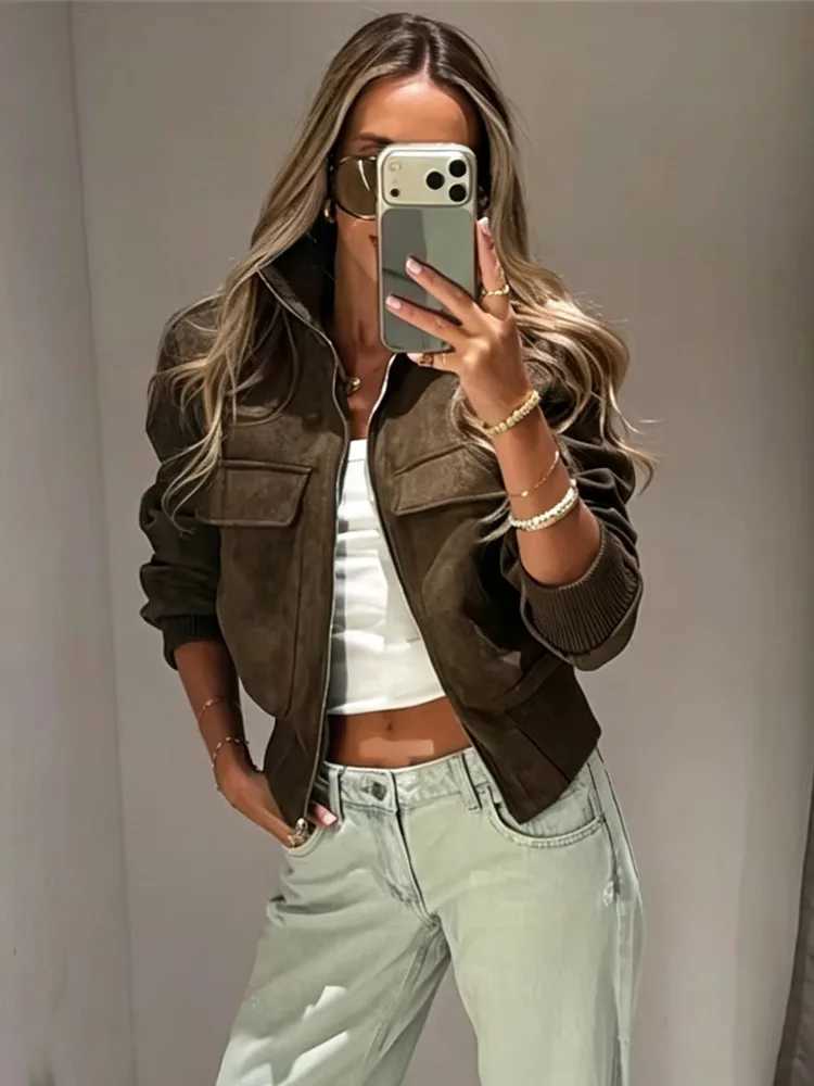Jackets Ladies Short Vintage Men's Faux Suede Autumn Winter Jacket Women Coat Stand-Collar Zip-up Field Trendy Streetwear Chic Jacket Female N2