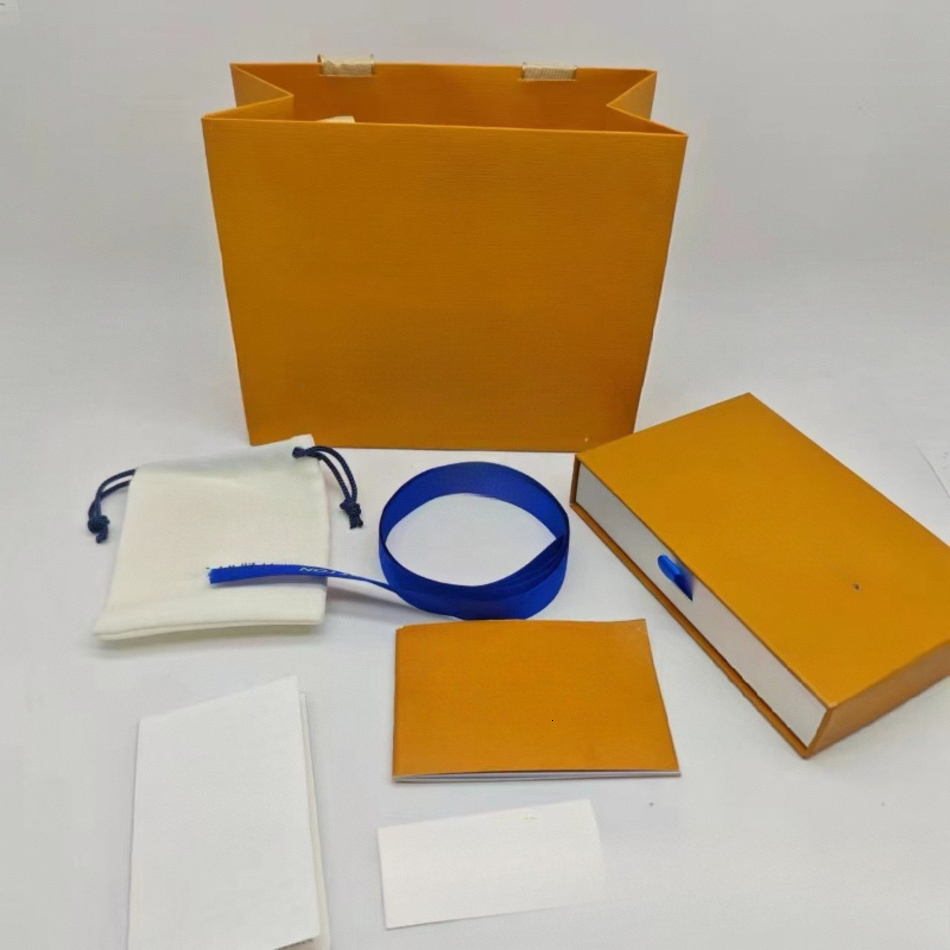 2026 New Luxury Classic Yellow Orange Designer Jewelry Box Case With Dust Bag Blue Ribbon Earrings Bracelet perfume Necklace Ring cologne Rings Broo