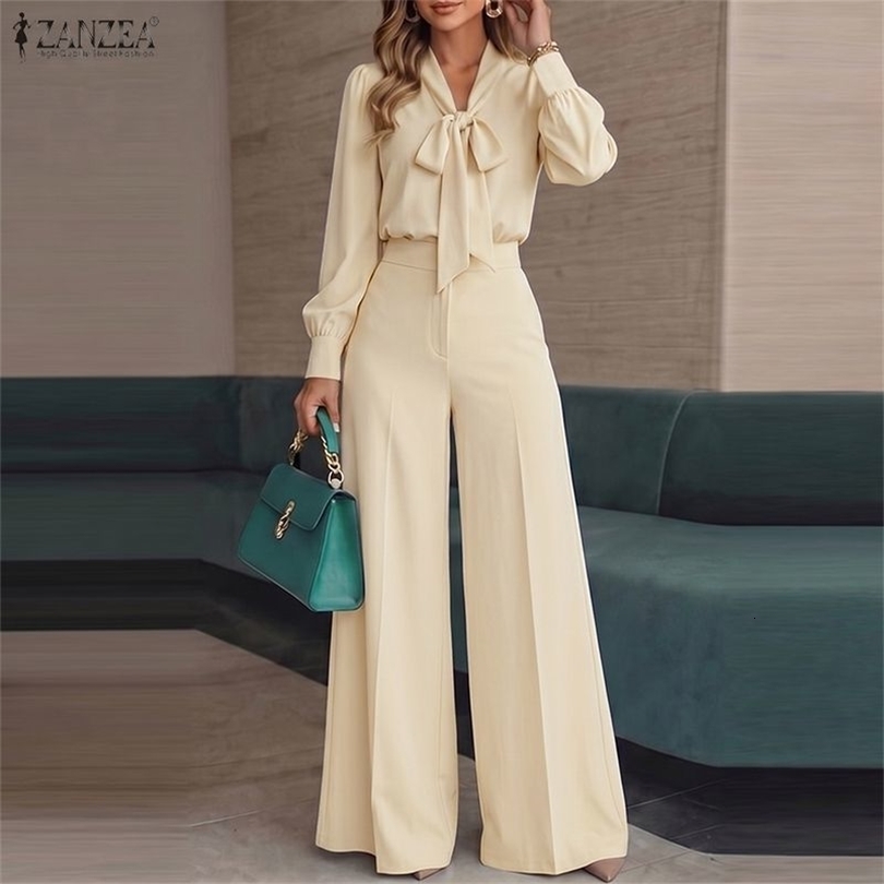 ZANZEA Women Elegant Chic Matching Pant Sets Tie Neck Long Sleeve Blouses Wide Leg Pants 2pcs Suits Office Commute Wear Outfit 261015