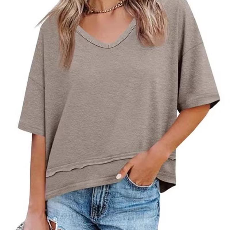 Designer Women's Solid Color V-Neck Half Sleeve T-Shirt Spliced Hem Loose Fit Casual Commute Top Spring