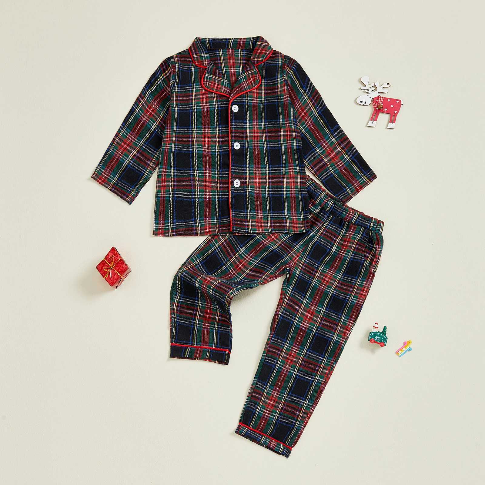 Girls Boys Pajamas Christmas Kid Plaid Print Pajamas Long Sle Lapel Button Down Shirt + Pants Set Toddler LoungewearW261016