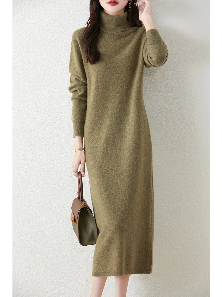 Autumn Winter Women's Turtleneck Sweater Wool Dress Basic Pullover Casual Cashmere Skirt 100% Merino Wool Knitwear Soft Clothing 261015