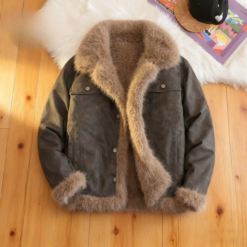 Men's Winter Coat Thickened Sides Doublesided Warm Faux Fur Leather Jacket Fashionable and Simple Trendy Overcoat 261012