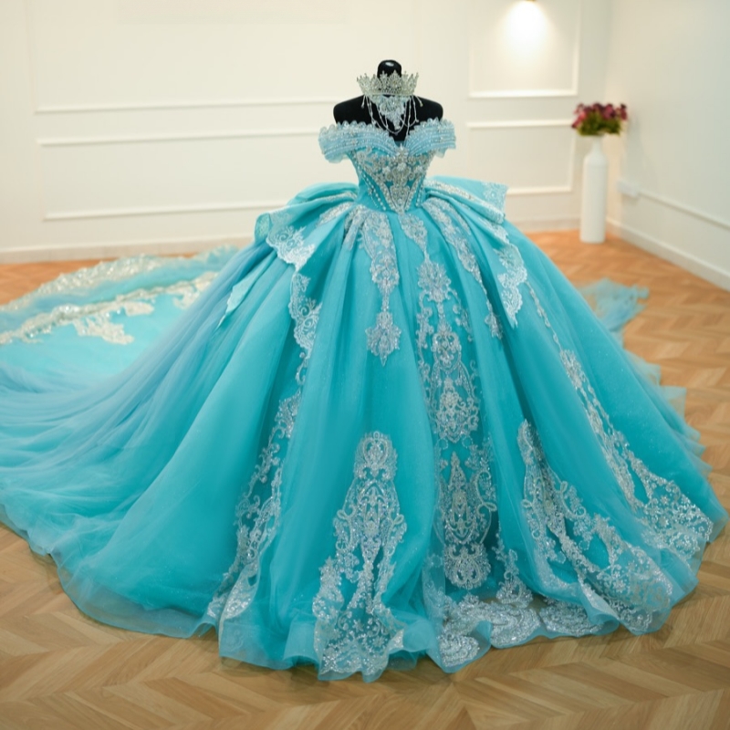 Aqua Blue Glitter Quinceanera Dresses Off Shoulder Ball Gown Sweet 16 Dress Sequin Applique Lace Beads Bow Tull Party Birthday vestidos 15 anos