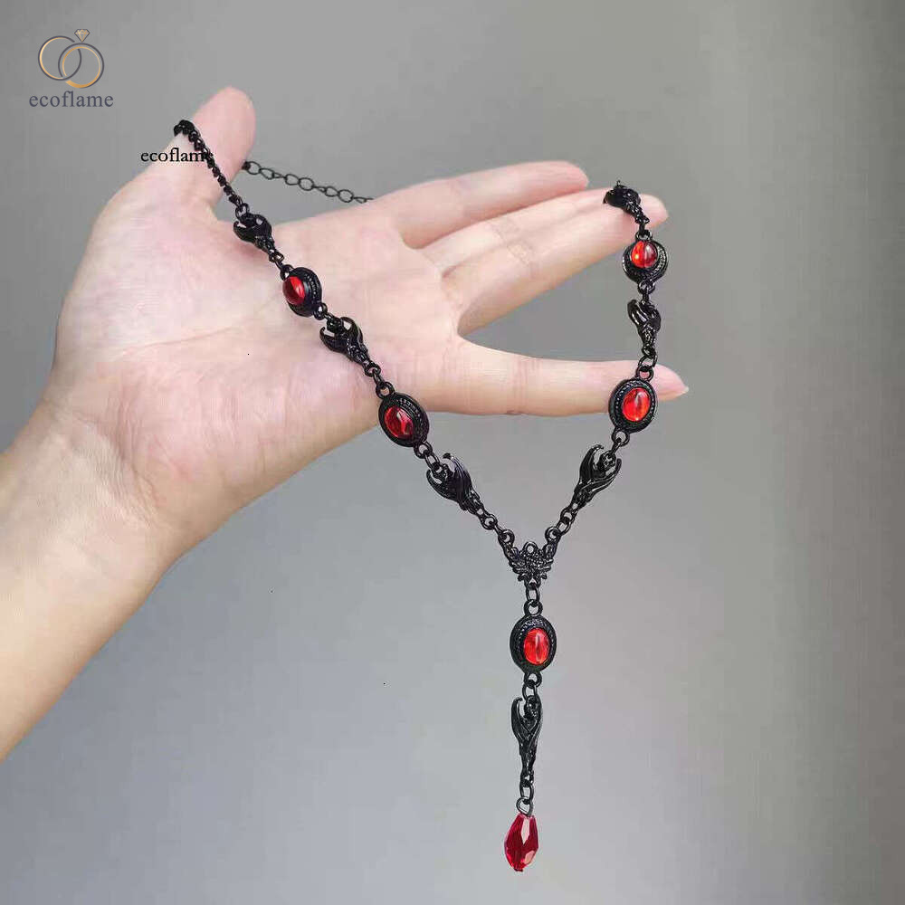 Cross-Border Dark Punk Style Black and Red Contrast Necklace Hot Girl Y2K Niche Gothic Water Drop Pendant Collarbone Chain Accessory