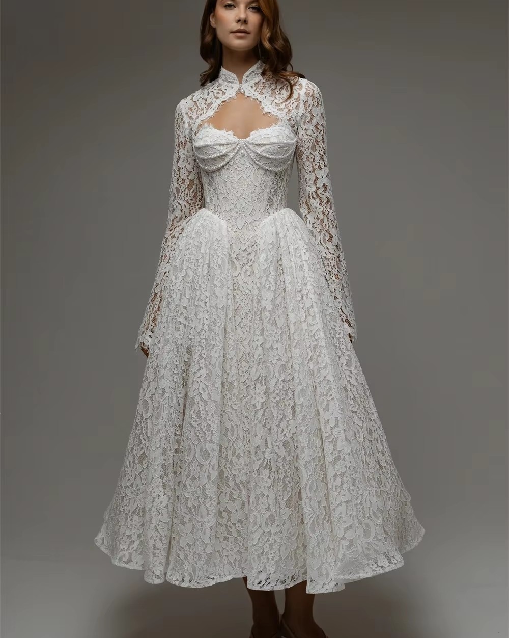 Elegant Short Lace Wedding Dress 2027 With Jacket Strapless Pearls Lace Corset Tea Length A-Line Retro Bridal Bride Gowns Party Vestidos De Novia