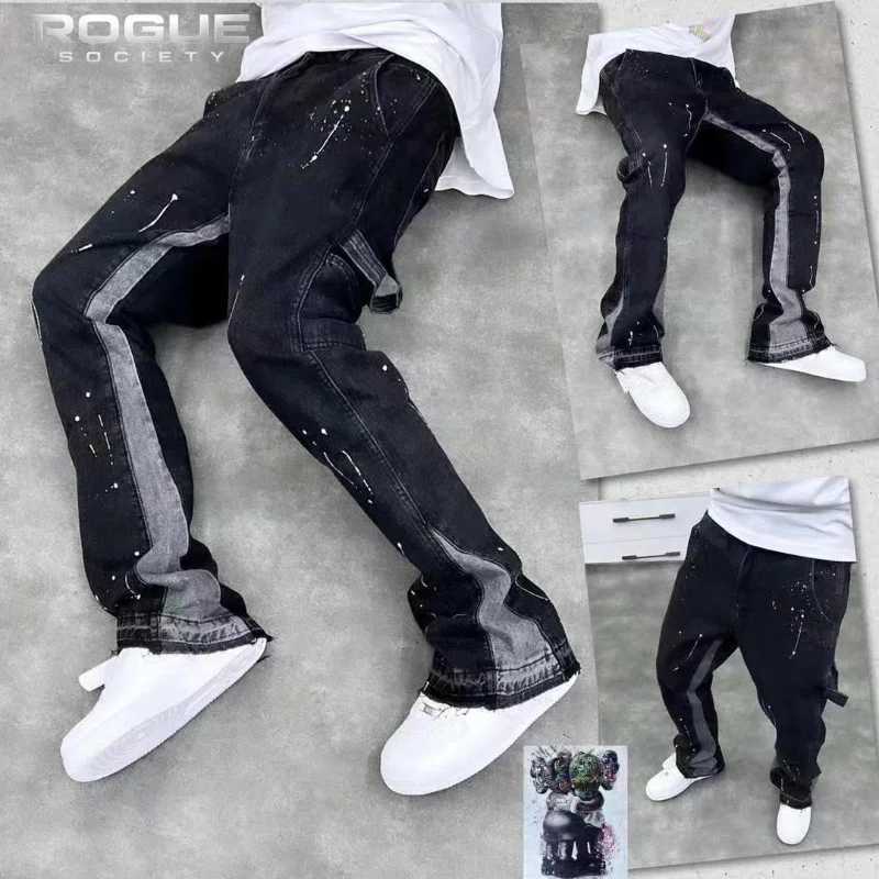 Men's Jeans American New High Street Splash Ink Flare Y2K Jeans Men Vintage Vibe Loose Straight Casual Trousers Streetwear Baggy Denim PantsT26