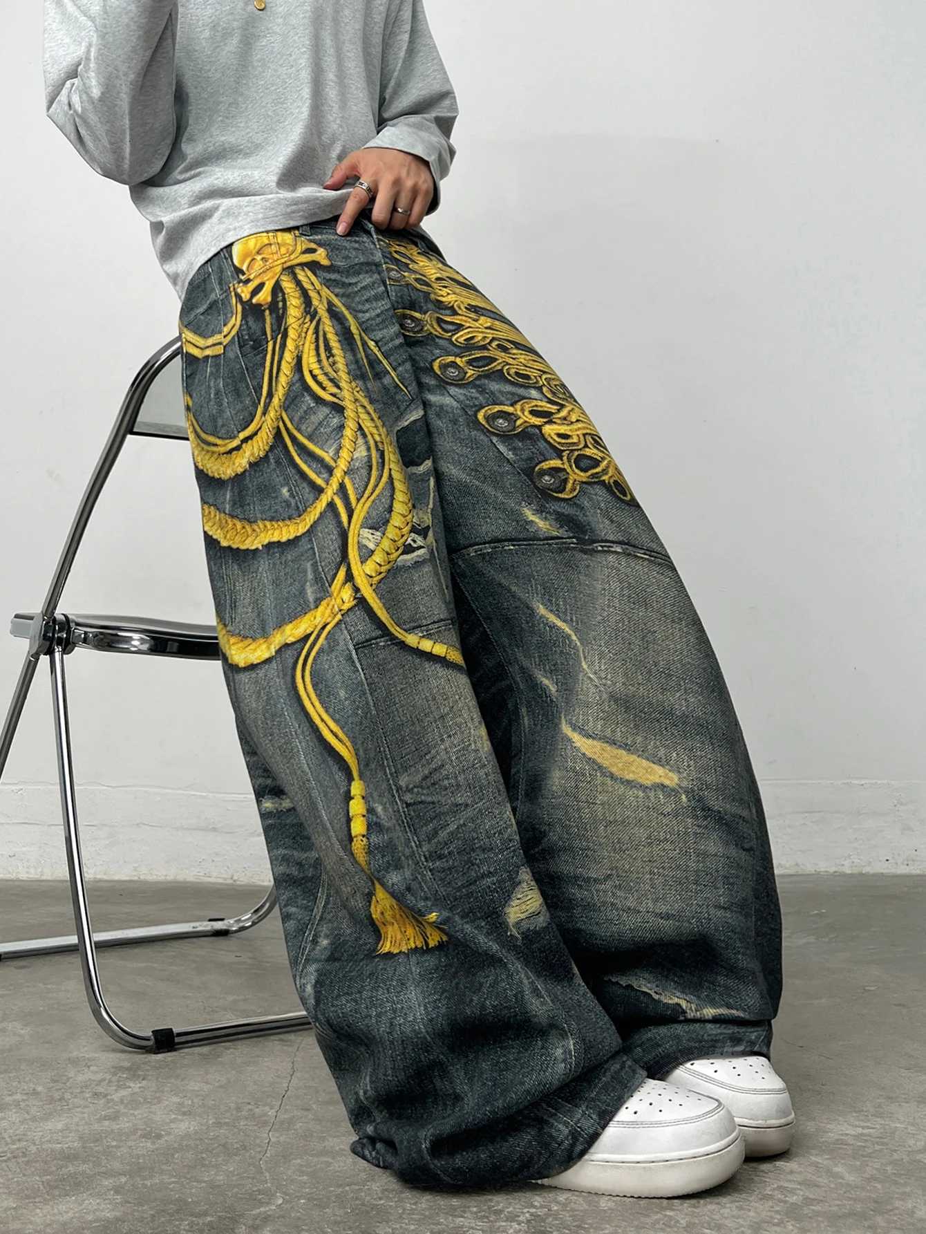 Men's Jeans Men's American Vintage Distressed Gold Skull Military Rope Print Loose Wide-Leg Jeans Y2K Trend Hip-Hop Street Versatile Pants