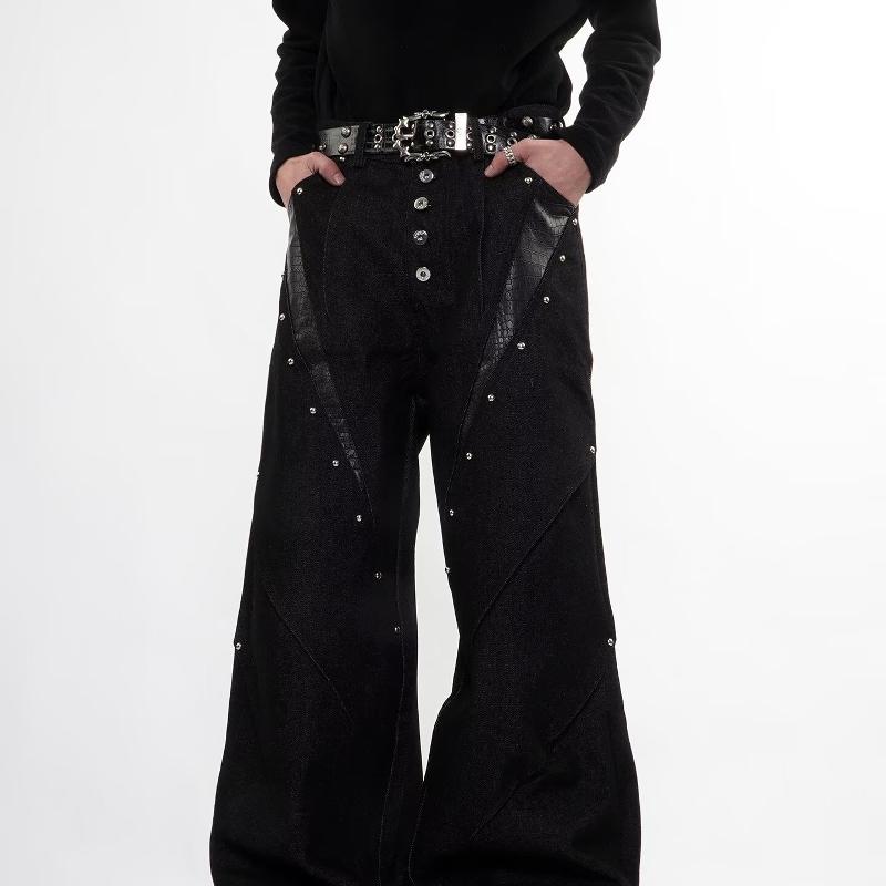Jeans épissés en cuir PU gaufré croco en métal Vintage américain pour hommes, pantalons décontractés de rue à jambes larges