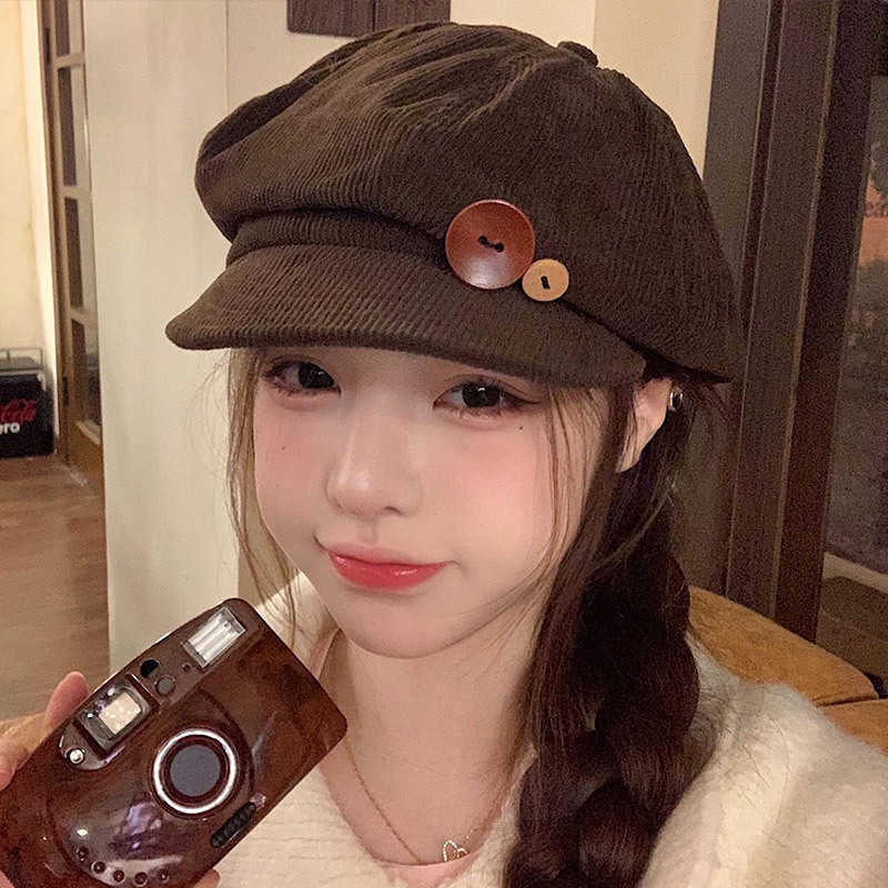 Retro RICYGVM Button Corduroy Octagonal Cap For Women Painter Artist Hat Japanese Girls Brown Peaked Caps Autumn Winter Berets S2610167AJ4