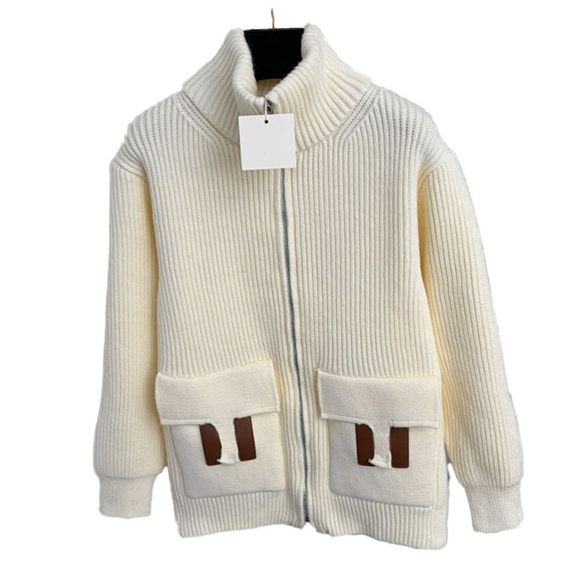 Brand Leather Patchwork Sweater Cardigan Luxury Women Zipper Up Stand Collar Cardigans Spring Autumn Elegant Daily Outdoor Cardigans