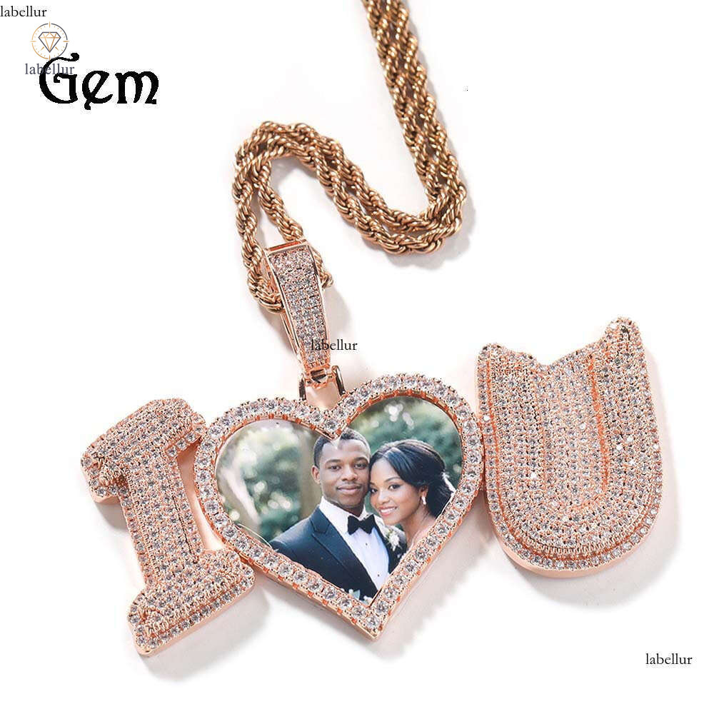 Hip Hop Personality Photo Frame Pendant Versatile Moissanite I Love You Letter Heart Men's Necklace b