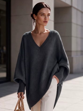 Designer Long Sleeve V Neck Loose Knit Sweater Solid Color Oversized Pullover Top Fall Winter Casual Jumper