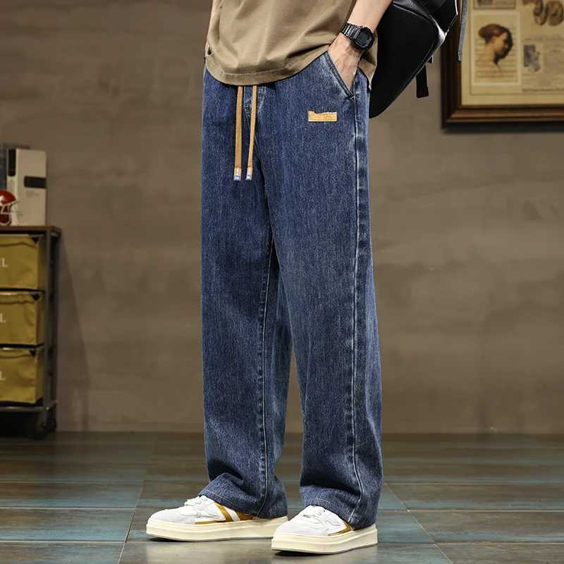 Men's Jeans Men Straight Leg Blue Gray Loose Y2K Drawstring Jeans Streetwear Casual Wide Denim Pants Male Baggy Stylish Harajuku TrousersT26101