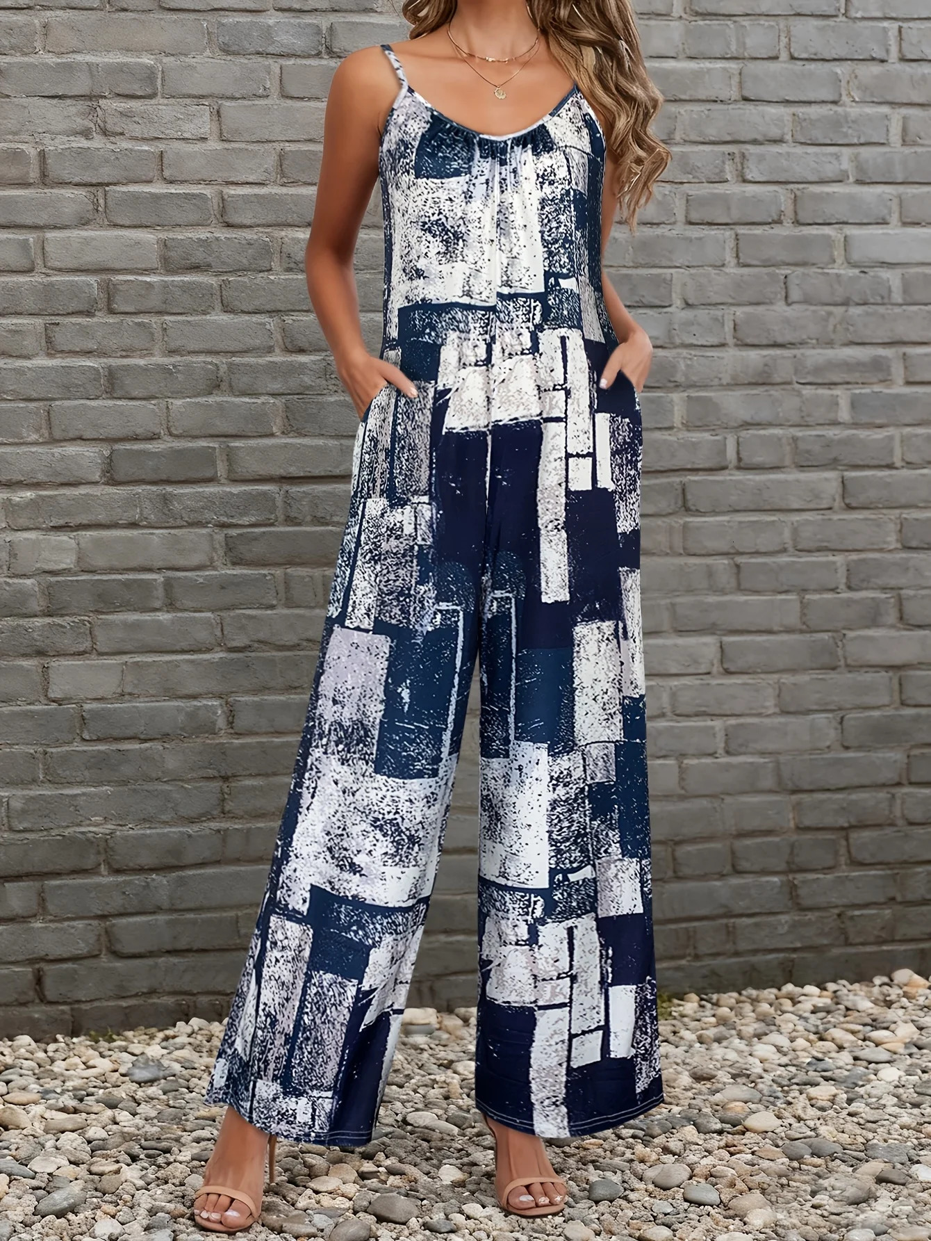 Women's Navy Abstract Block Print Spaghetti Strap Jumpsuit V Neck Loose Wide Leg Pants Romper With Side Pockets 261015