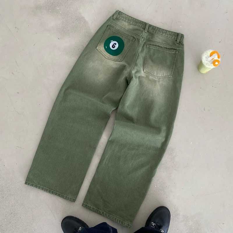 Men's Jeans Y2K Retro Matcha Denim Jeans Washed Billiard Embroidered Denim Pants London Fashion New York Style Streetwear Unisex Baggy JeansT26