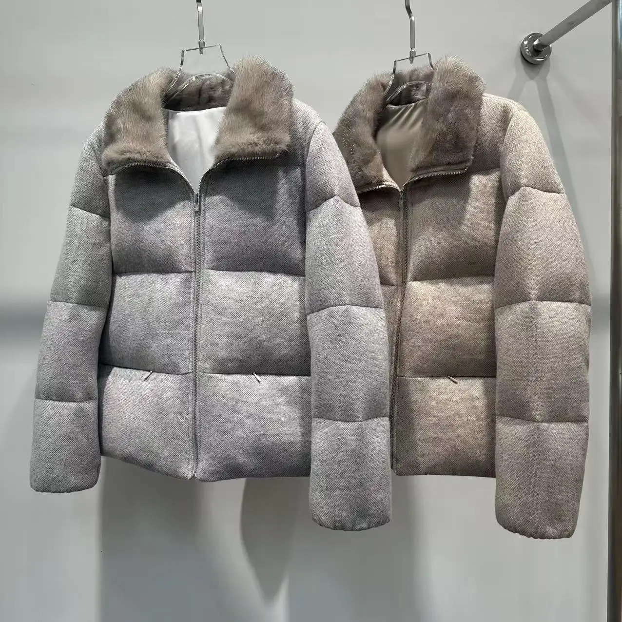 2026 Women Outwear Mink Collar Short Feather Goose Down Jacket Wool Cashmere Winter Coat for 261016