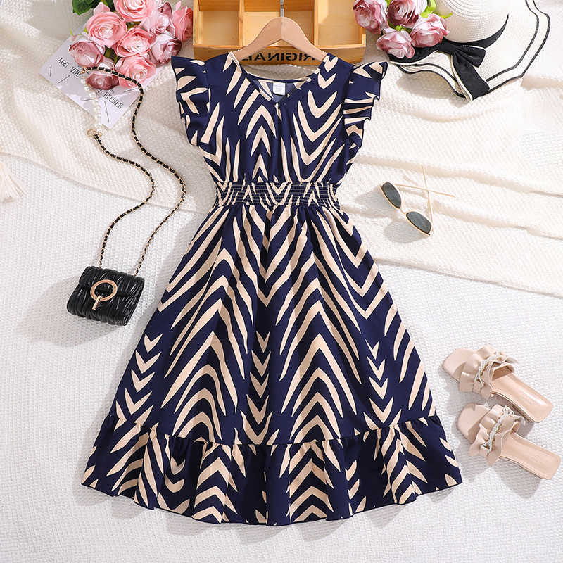 Sleeveless Girls Striped Navy Blue Dress Shirred-Waist ne Dress Summer Tween Girls Dress Daily Casual tivity Baptism Dress S2610163XEG