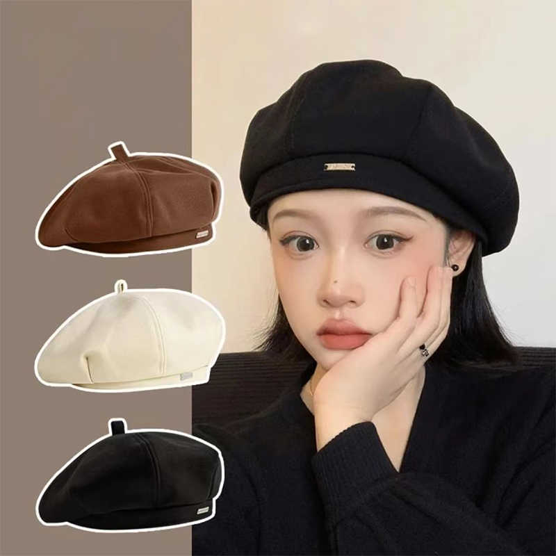 Color Solid Women Octagonal Painter Cap Korean Retro Artist Hat Newsboy Beret Elegant Side Button Detail Daily Wear Lady Gift S261016LTYO