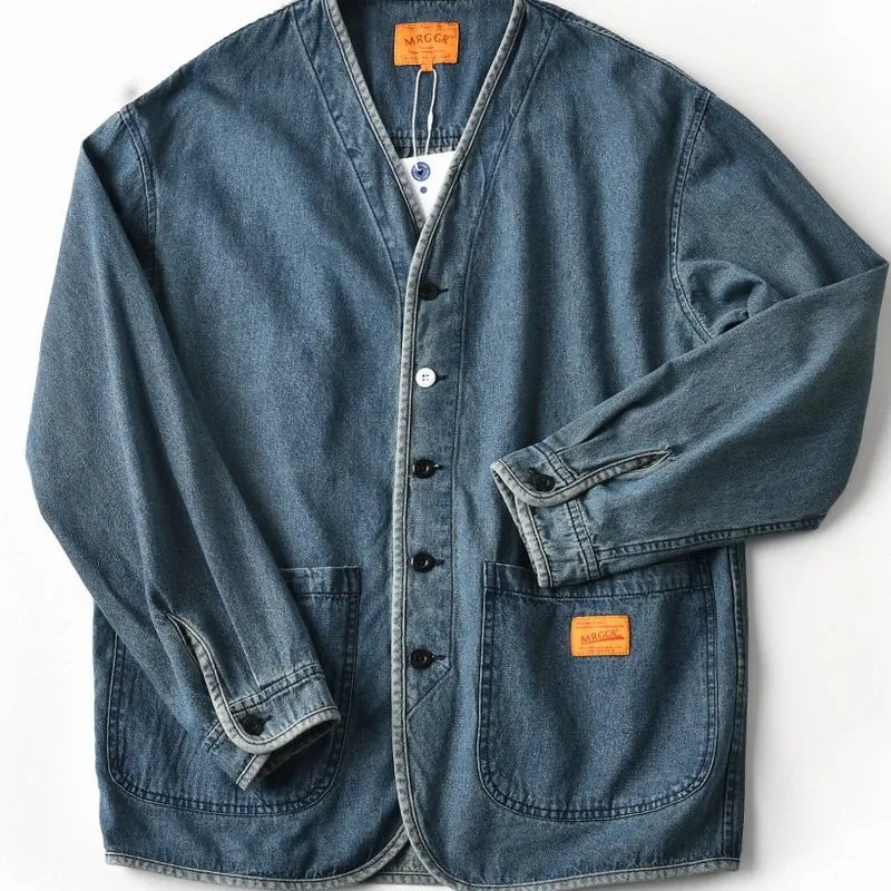 Japanese Style Retro Washed Denim Open Front Jacket Men's Casual VNeck Jean Cardigan Coat with Utility Pockets 261012