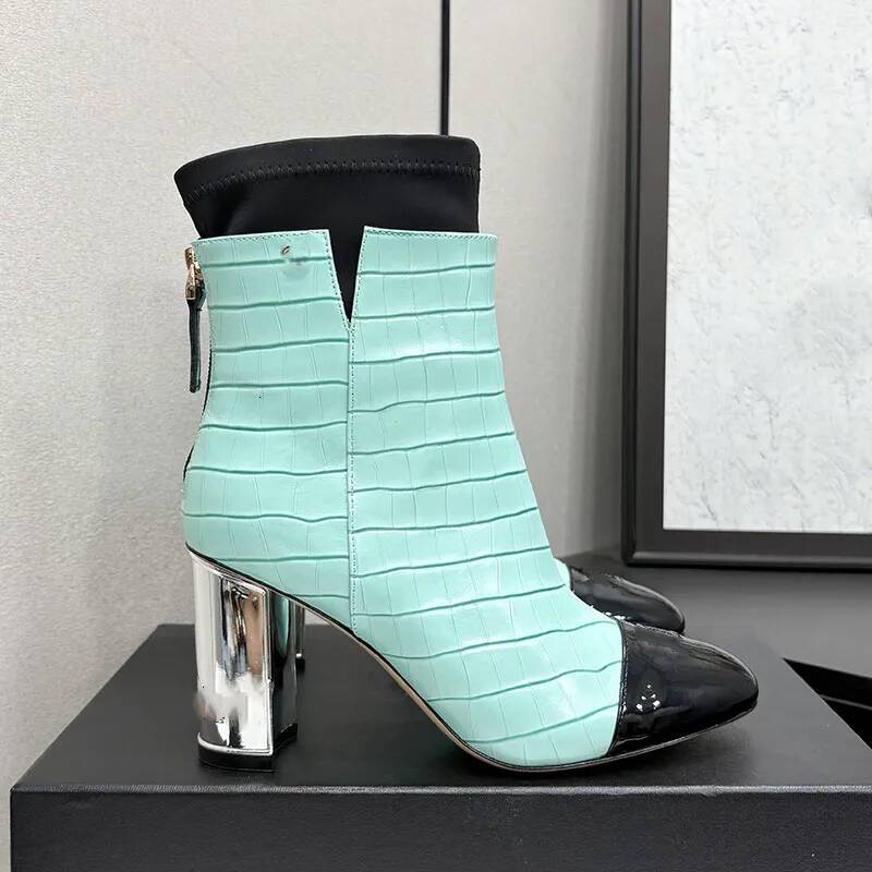 boot woman designer block heel croc patent round toe zipper luxury comfortable green party work office city vintage retro modern fashion casual spor