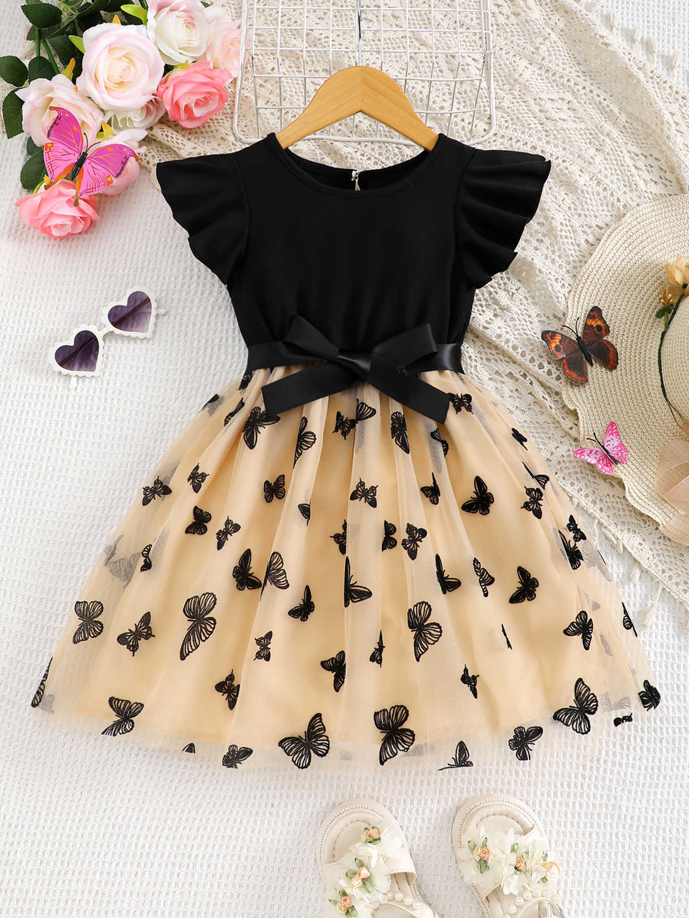 Spring Girls Summer Casual Fashion Fly Sleeve Rule Bk Collar Open Button Butterfly Flocking Mesh Dress Holiday Beh Party Dress Gift with Ribbon S261