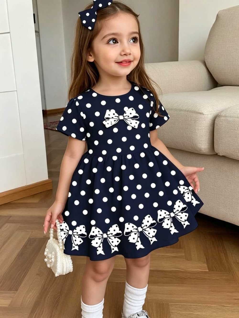 Polka Cute Dot Bow 3D Print Dress for Girls Casual Short Sleeve Dress Comfortable Girls Clothes Summer Tops Children's Clothing S26101681ZT