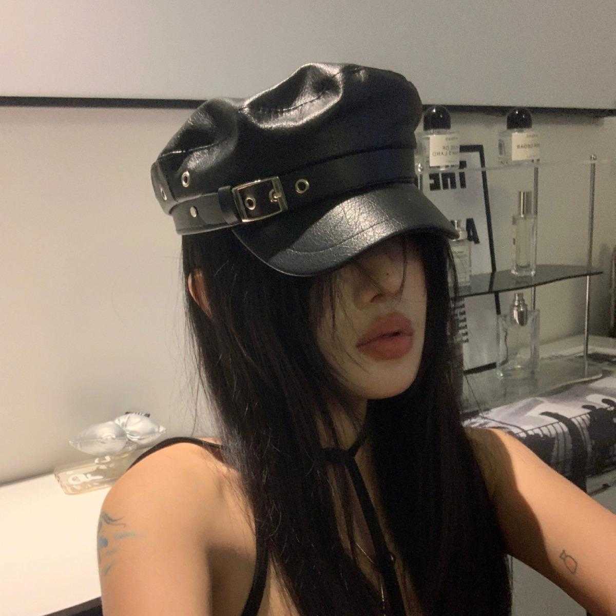 Women Fashion Berets Black Pu Leather Flat Top Newsboy Caps Vintage Sunscreen England Flat Y2k Gils Punk Style Beret Caps S2610165HM7