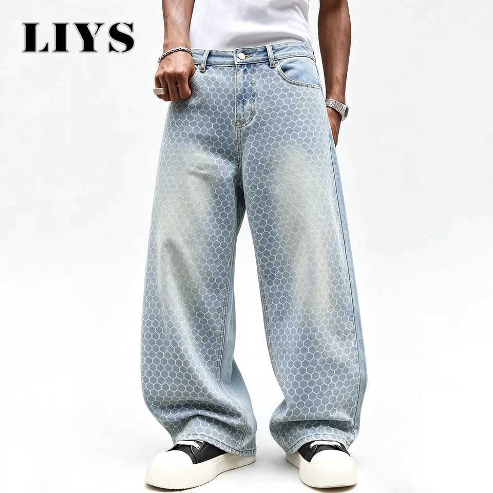 Men's Jeans LIYS Men's Light Colored Washed Honeycomb Printed Baggy Wide Leg Jeans Niche Design Large Silhouette Y2K Street Denim Pants T2