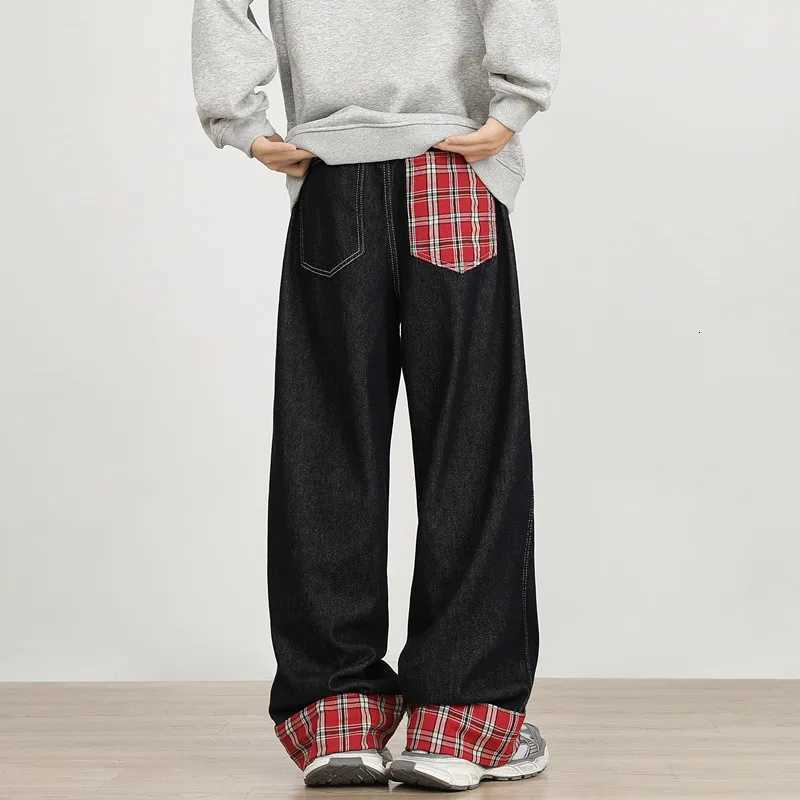 Men's Jeans 2026 Ropa Y2K Fashion Red Plaid Patchwork Baggy Pants For Men Designer CloTHes Straight Hip Hop luxury Long TrousersT261016