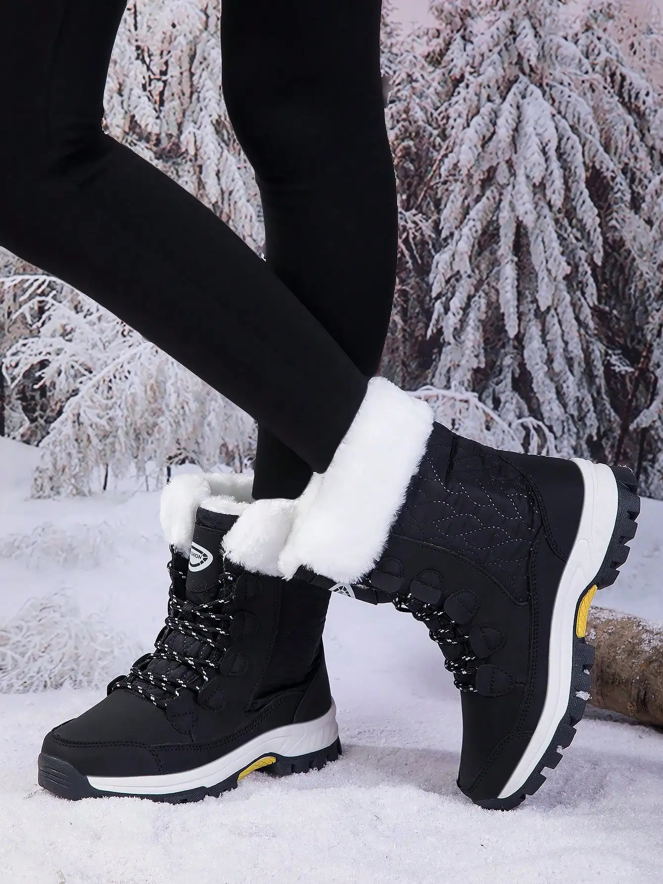Women Winter Snow Boots Warm Faux Fur Collar Waterproof Upper Non-Slip Rubber Sole Lace Up Outdoor Cold Weather Boots 261016