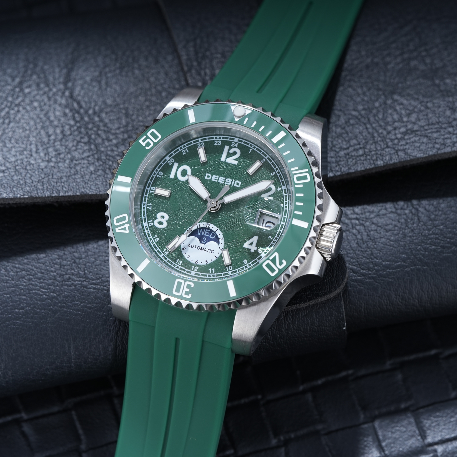 Mens Automatic Watch Diving Bezel Luminous Waterproof Day Date Moon Phase Rubber Strap Sport Wristwatch Gift