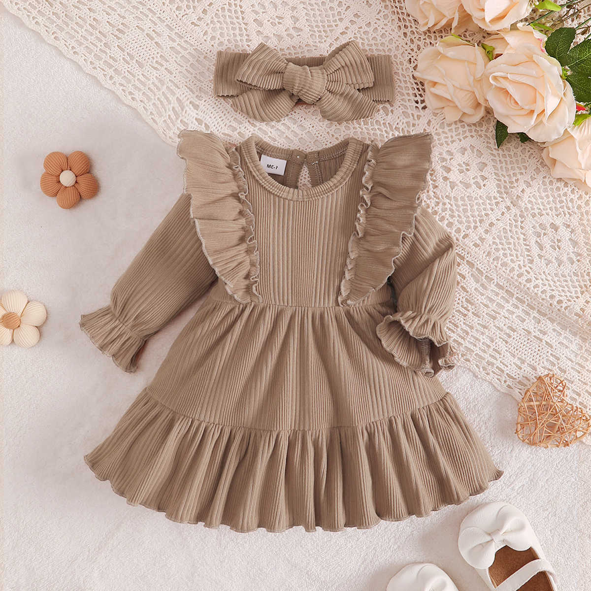 Baby Newborns Girls Dress Solid Color Ruled Dress And Headband Suitable 0-18 Montha Cute Baby Girl Spring Autumn Dress S261016F6YM