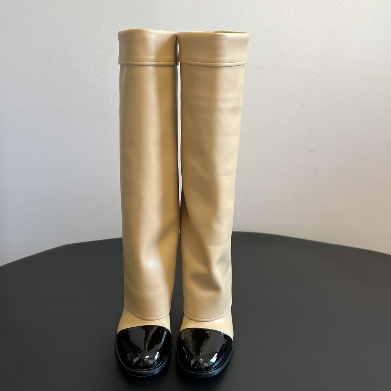 Women Two Tone Cap Toe Knee High Boots Fall New Arrival Block Heel Fold Over Pants Tube Boots Genuine Leather Luxury Tall Boots for Party Commute