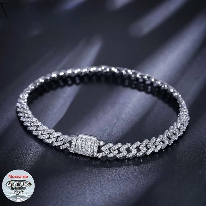 Hip Hop Rock Solid Created Moissanite Dias Cuban Bracelets For Men Women Fine Jewelry Drop shipping 6MM