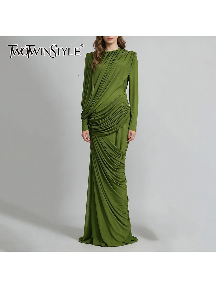 TWOTWINSTYLE Fashion Slimming Spliced Shirring n Sense Dresses for Women Stand Neck Long Sleeves Irregular Dress Female 261015