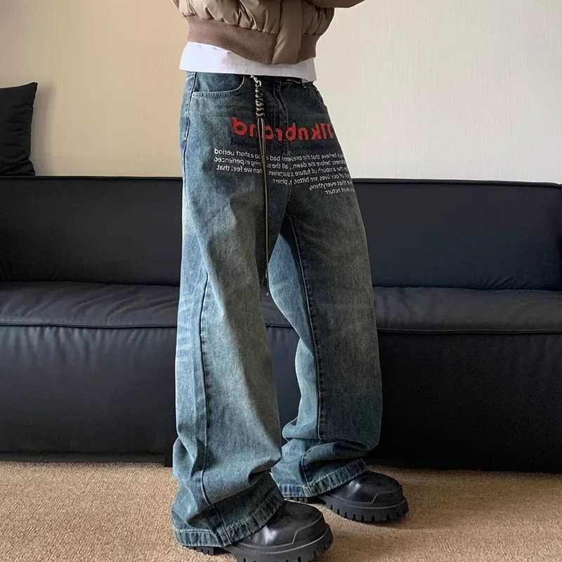 Men's Jeans Men Korean Retro Letter Print Denim Jeans Loose Straight WideLeg Pants High Street HipHop Trend Casual Outdoor Daily TrousersT26101