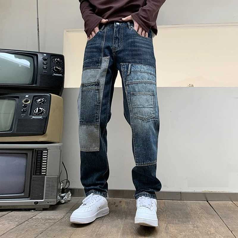 Men's Jeans American Style New Fashion Men's High Street Casual Trendy Loose Spliced Multi Pocket Denim Trousers Male Jeans Pants ClothesT