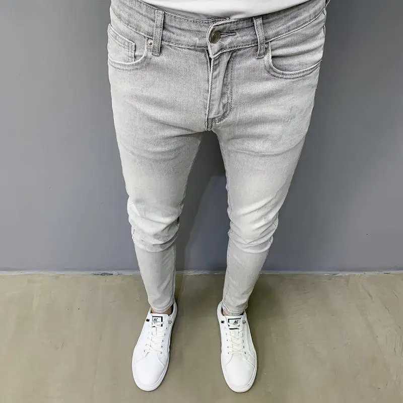 Men's Jeans Summer Luxury Clothing Men's Pencil Pants Light Gray Jeans Slim Fit Korean Style Elastic Small Feet Long Pants Trendy Slim Jea