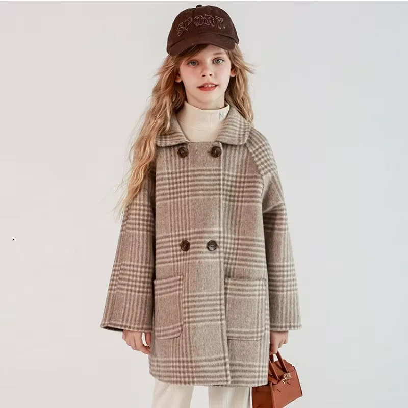 Girls Winter Coat Fashion Childrens DoubleSided Wool Plaid Trench MidLong Blazer Collar Outerwear 100170CM 261016