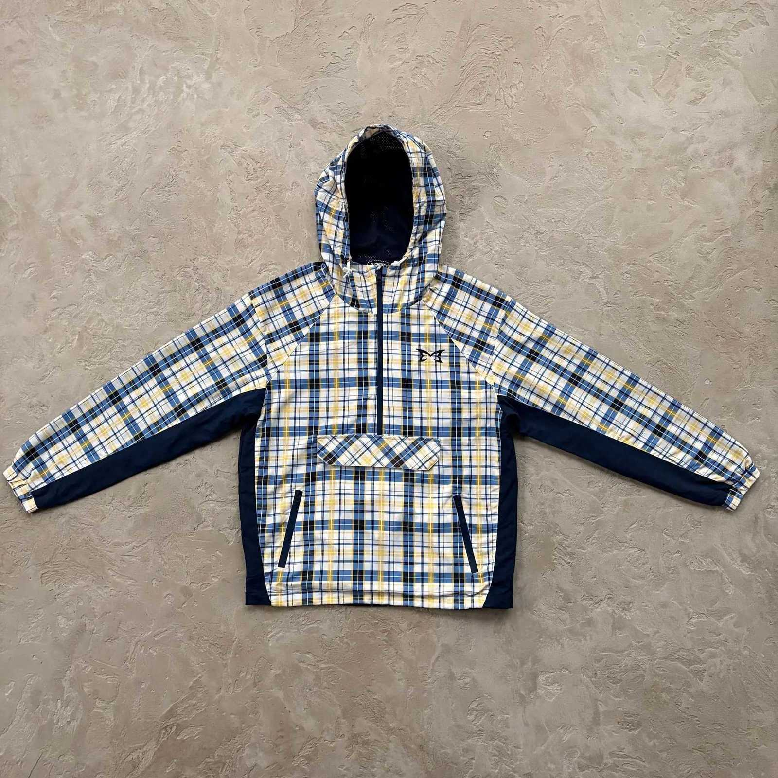 Jackets Red Plaid Half Men's Zip Hooded Windbreaker Men Color Block Patchwork Anorak Jacket Oversized Streetwear Check Outdoor Windproof Coat N
