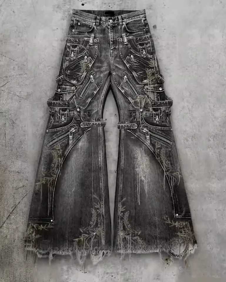 Men's Jeans Retro Washed Black Work Pants for Men Y2K Multi Pocket Zipper Thick Floral Embroidery Wide Leg Denim Pants Street WearT261016