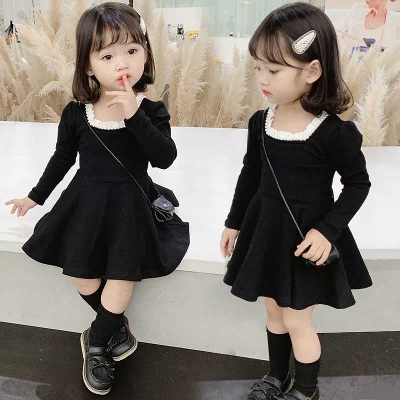 Girls Kids Dress Fashion Long Sleeve Pure Color 2026 New Spring Autumn New Childrens Dress Blk Princess Dress S26101668W4