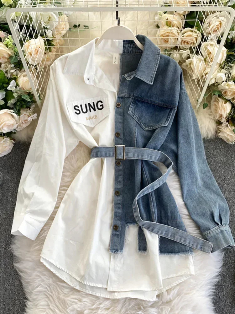 Spring Autumn Women's Denim Shirt Color Contrast Patchwork Lace Up Blouse Shows Thin Versatile Top Fashion GD596 261015