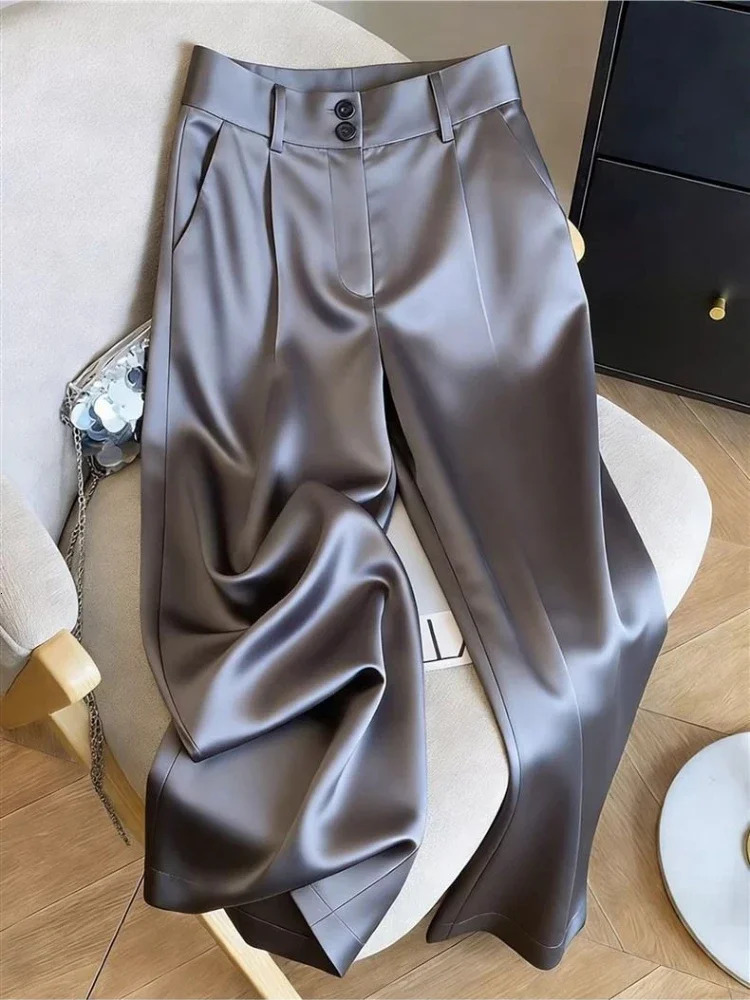 Elegant Wide Leg Pant High Waist Silk Satin Suit Ladies Champagne Gray Solid Color Fashion Women's Trousers Autumn 261015