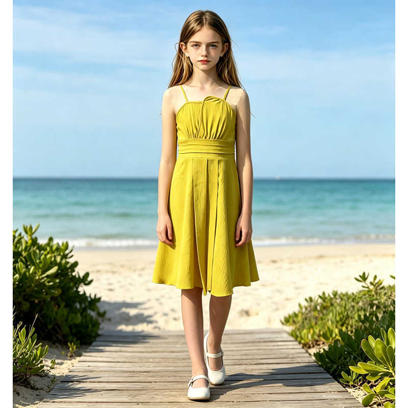 Solid Summer Color Yellow Sling Elastic Waist Draped A-Line Princess Dress For Girls 8-12 Years Vation Birthday Party Clothing S261016YMBW