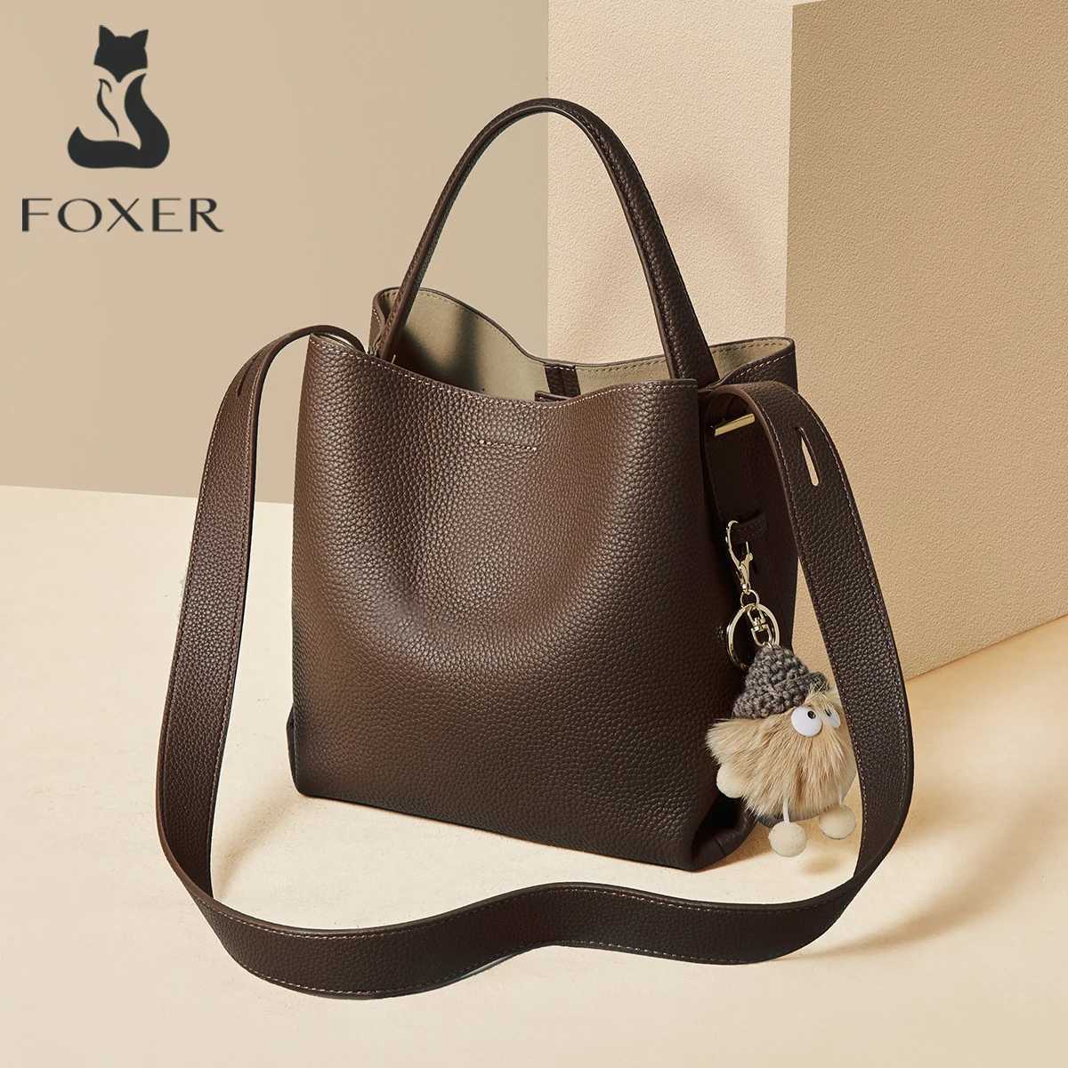 Shoulder Bags FOXER New Autumn Winter Women's Shoulder Bag Soft Genuine Leather Female Crossbody Handbag Large Capacity Zipper Bucket Purse H26