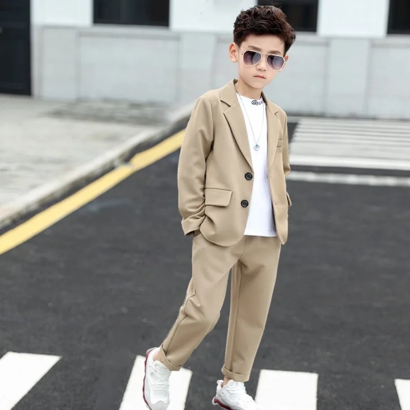 2026 spring autumn Baby Boys Clothes Set Khaki Gentleman Top jacket Pants Outfits Suit Teenager 4 8 10 12 15 year 261016